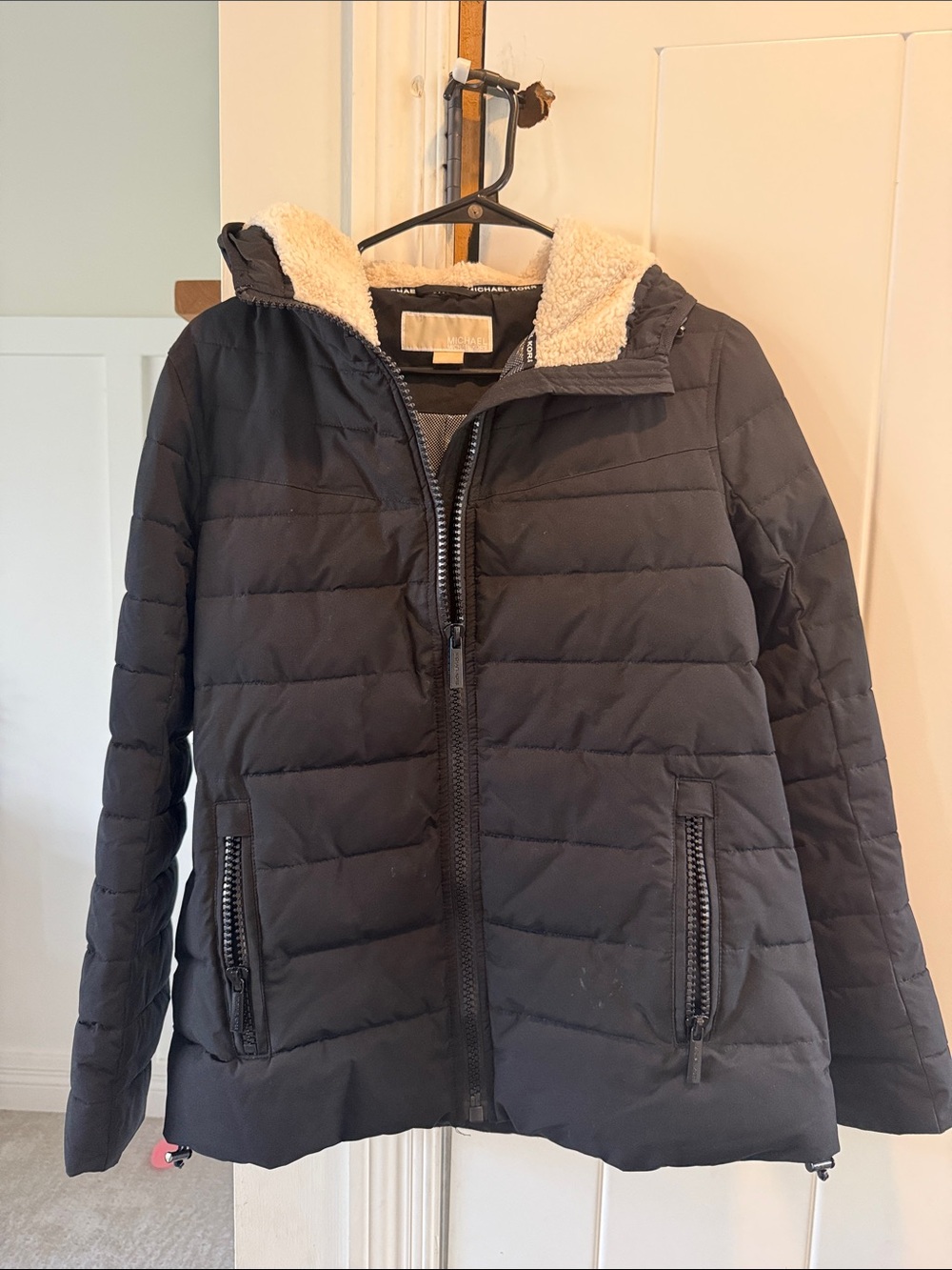 MICHAEL Michael Kors Black Puffer Jacket with Cream Sherpa Hood